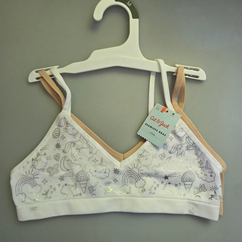 Cat & Jack Girls 2 Pack Seamless Bras White Silver Foil Unicorn Tan Medium M NWT